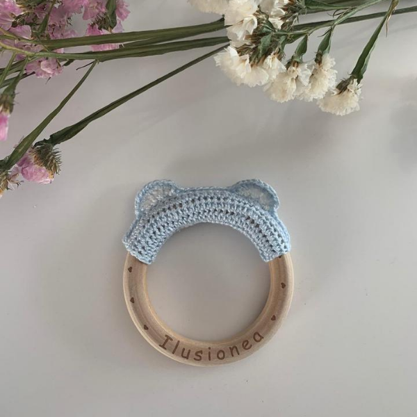 Aro madera crochet osito aro azul bb - Aro madera crochet osito