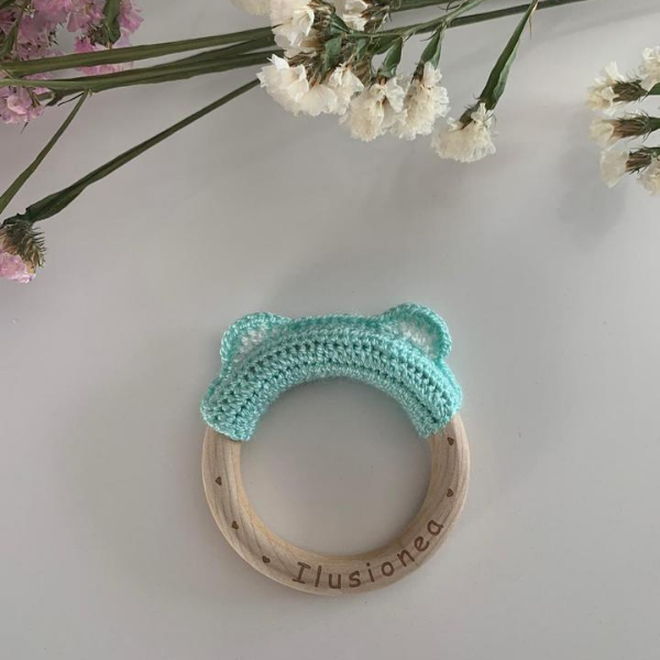 Aro madera crochet osito aro mint - Aro madera crochet osito