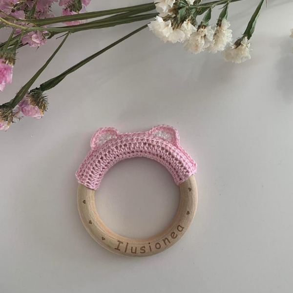 Aro madera crochet osito aro rosa bb - Aro madera crochet osito