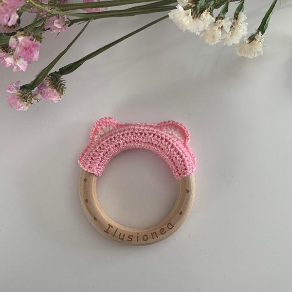 Aro madera crochet osito aro rosa claro - Aro madera crochet osito